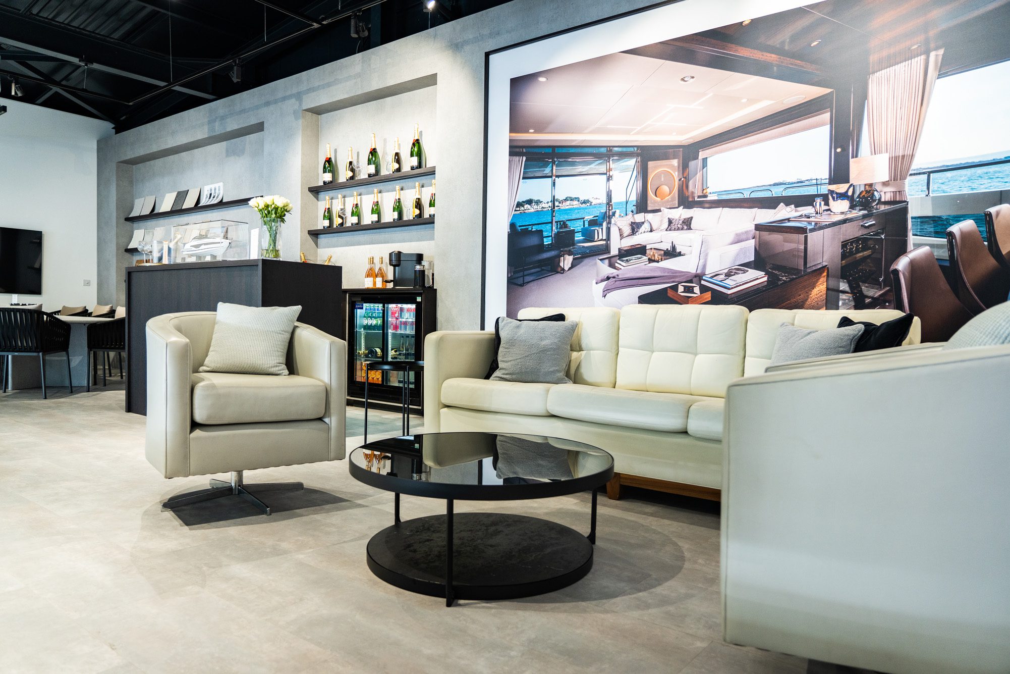 Sunseeker chillout room with drinks fridge and sofas