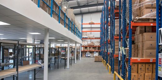 Mezzanine floor and metal racking for storage