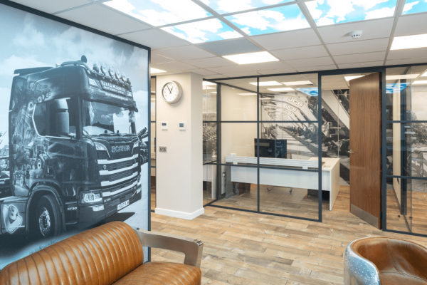 Office fit out and glass partitions in Shaftesbury with lorry artwork
