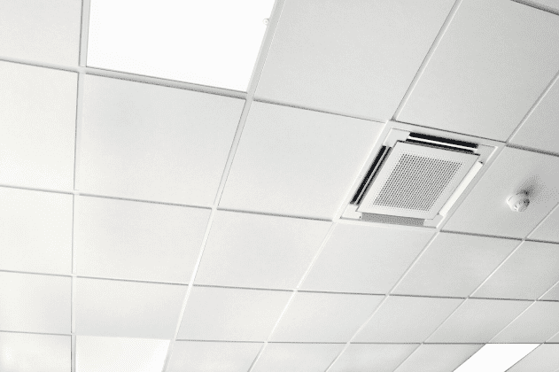 Light suspended ceiling with heating above