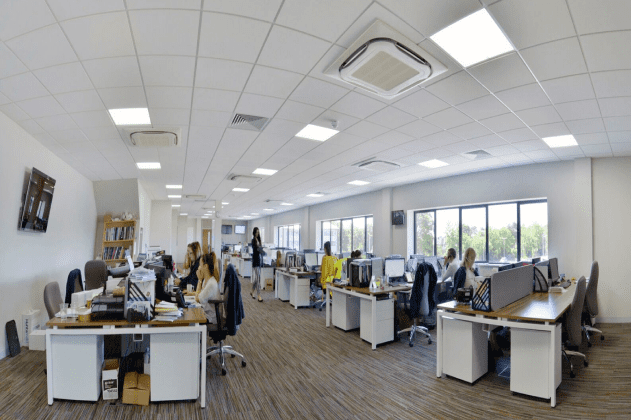 Open plan office space with suspended ceiling