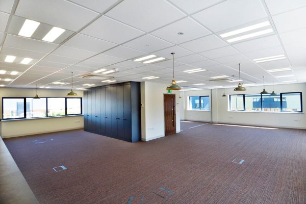 Ringwood full office fit out with storage wall, worktops and suspended ceiling and lighting