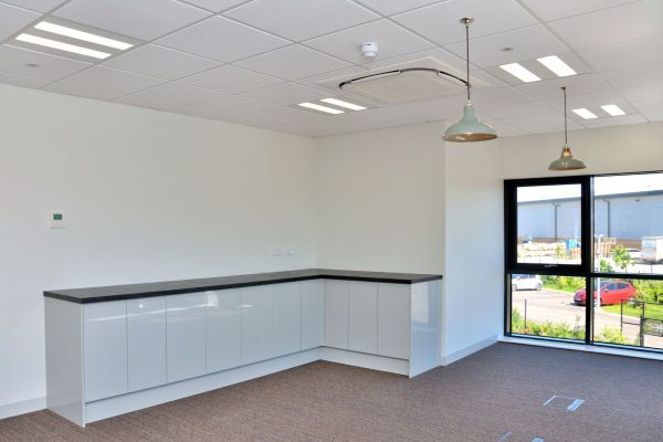 Ringwood office fit out with corner units and worktop, suspended ceiling and lighting