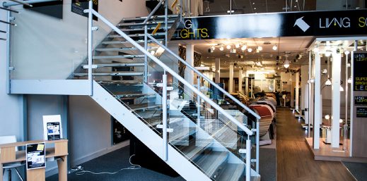 Staircase up to mezzanine floor in Living Interiors showroom