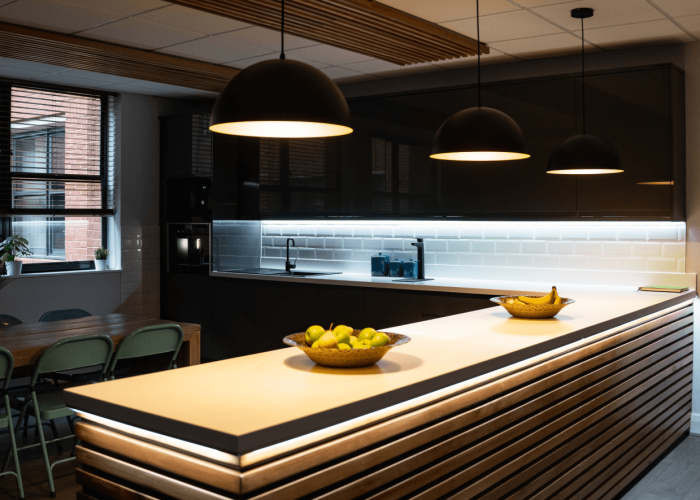 dark lit office kitchen space