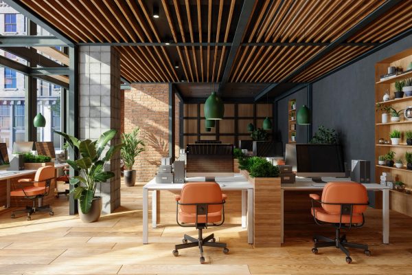 office space with modern seating a green light pendants
